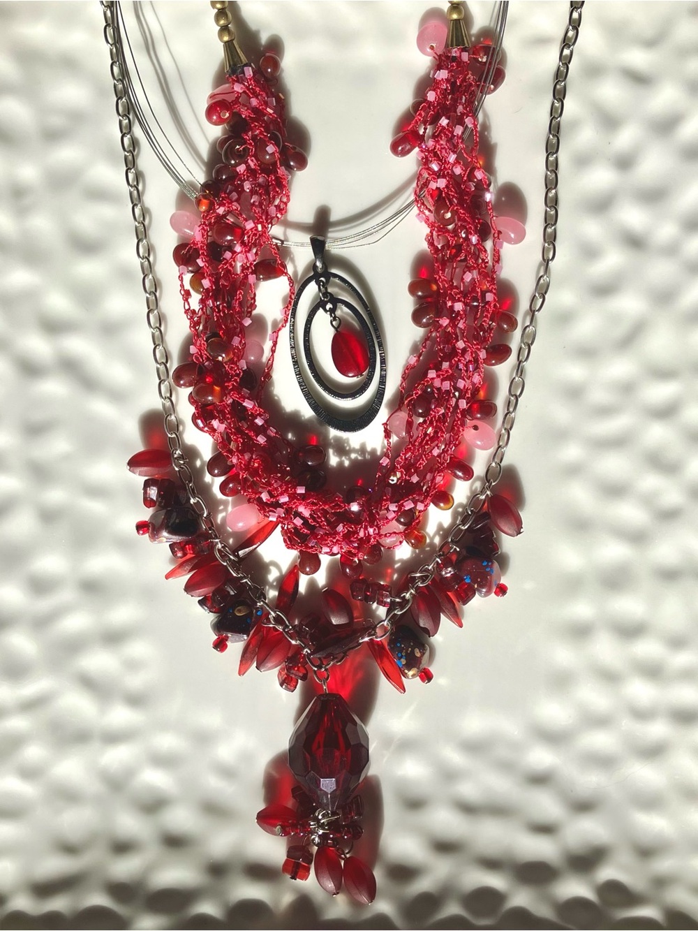 Layered Red Beaded Statement Necklace with Pendant